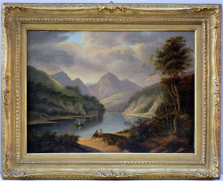 Scuola del sec. XIX. "Scorcio di lago con figure", olio su compensato (cm...