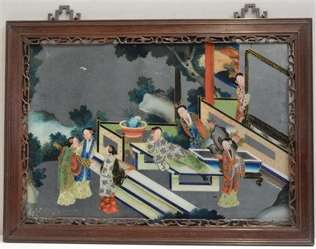 Un verre-paint raffigurante scena di corte, in cornice, Cina, sec. XX (53x73...