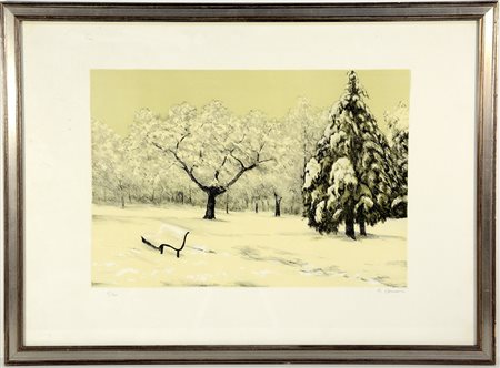 Firma indecifrata, "Il parco sotto la neve", litografia (foglio cm 50x70)...