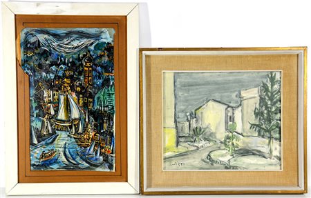 Lotto composto da due tecniche miste su carta raffiguranti paesaggi urbani di...