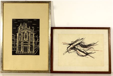 Lotto composto da una grafica di Sante Visco raffigurante una chiesa e un...