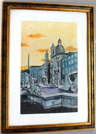 Firma indecifrata, "Fontana di Nettuno", stampa su carta (cm 100x70) firmata...