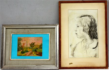 Lotto composto da un olio su carta raffigurante un paesaggio e un ritratto di...