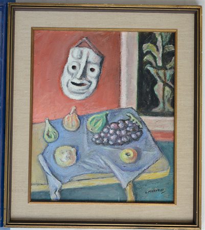 Martelli "Natura morta con maschera" olio su tela (cm 60x50) firmato in basso...