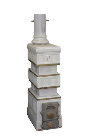 Fabbrica Felici, Prato. Stufa in maiolica decorata a rilievo, sportelli in...