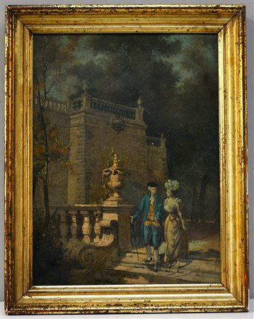 Ignoto, "Scena galante", olio su cartone pressato (cm 45x35), in cornice...