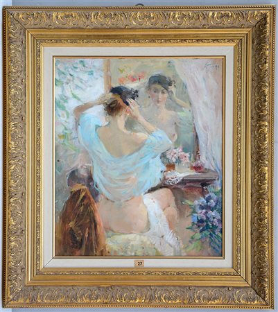 Firma indecifrata "Donna allo specchio" olio su tela (cm 47x40) In cornice...