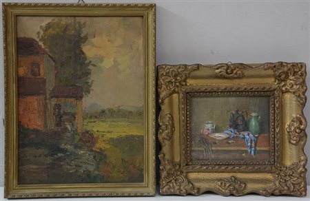 Lotto di due dipinti ad olio raffiguranti una natura morta e un casolare (cm...