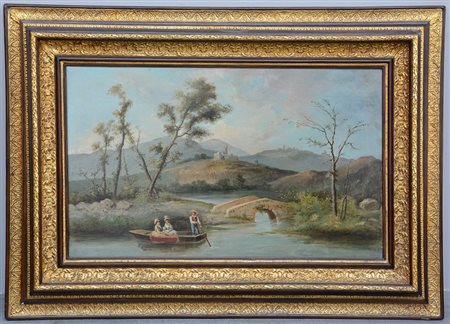 Ignoto "Paesaggio con scena galante" Olio su tela (cm 70x106) Cornice in...