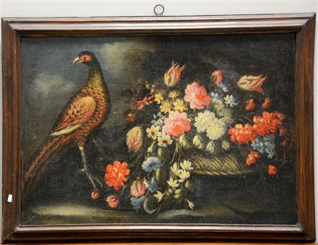 Ignoto sec. XVIII "Vaso di fiori con fagiano" olio su tela (cm 45x64). In...
