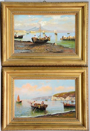 Firma indecifrata, "Golfo di Napoli", coppia di olii su tela (cm 25x40)...