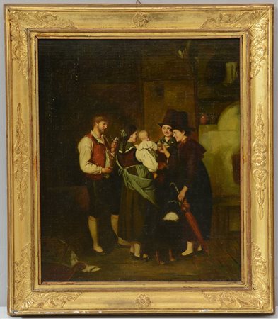 Scuola del sec. XIX "La visita", olio su tela (cm 50x40) In cornice (difetti)