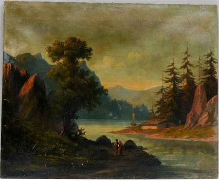 Ignoto "Paesaggio montano con figure" olio su tela (cm 70x86) (difetti)