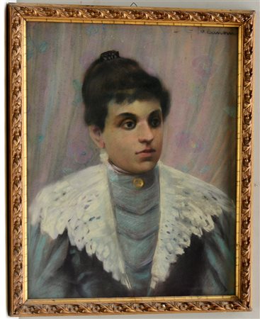 Firma indecifrata, antico dipinto a pastelli su carta raffigurante ritratto...