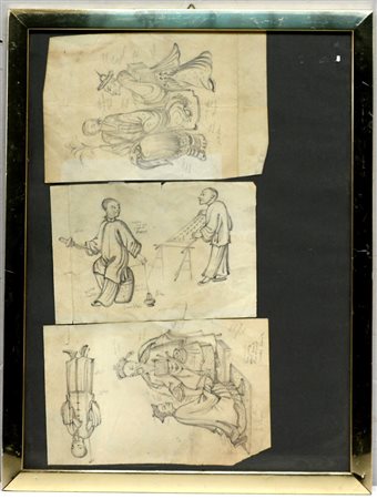 Lotto di tre bozzetti a matita con figure orientali di dimensioni differenti,...