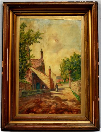 Firma indecifrata, "Scorcio di viale fiammingo", olio su carta (cm 54x36)...