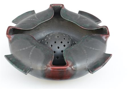 Vaso portafiori in ceramica smaltata a colature con lustri metallici grigi e...