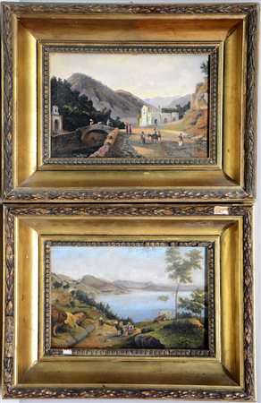 Firma indecifrata, "Paesaggi", coppia di olii su cartone pressato (cm 20x30)...