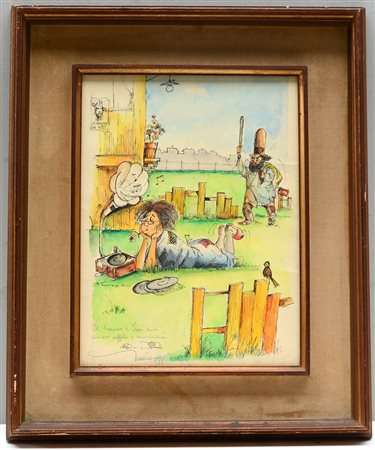 Marino "Scena caricaturale" 1973, tecnica mista su carta (cm 40x30) firmata,...
