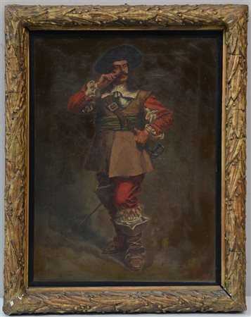 Firma indecifrata, "Il moschettiere", olio su tela (cm 41x30,5) firmato in...