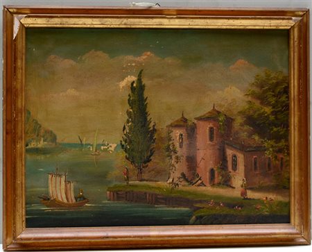 Ignoto "Paesaggio fluviale" olio su tela (cm 43x58). In cornice (gravi difetti)