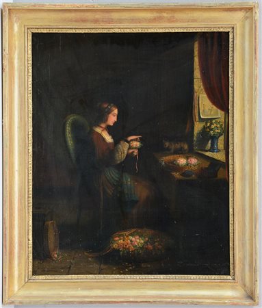 Scuola del sec. XIX "La fioraia", olio su tavola (cm 45,5x37) in cornice...