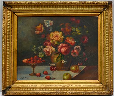 F. Da Felice "Natura morta con vino, fiori e frutta", olio su tela (cm 40x50)...