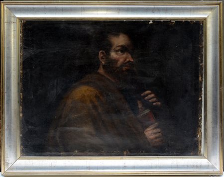 Antico dipinto raffigurante santo, olio su tela (cm 58x78). In cornice (gravi...
