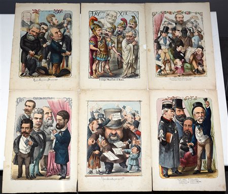 Lotto composto da sette stampe a colori raffiguranti caricature di politici...