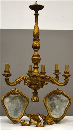 Lotto composto da un lampadario a sei braccia e da due specchierine in legno...