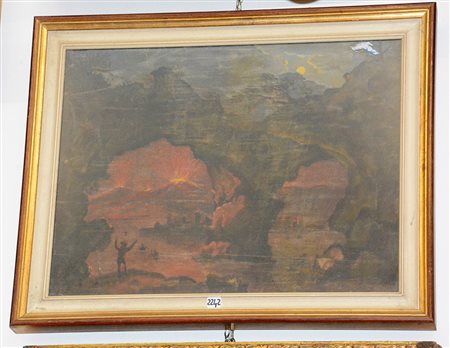 Ignoto "Paesaggio con eruzione" olio su tela applicata su pannello (cm...