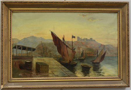 Scuola del secolo XIX "Veduta di porto con castello" olio su tela (cm 37x60)...