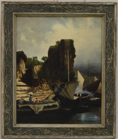 Ignoto "Porticciolo" olio su tela (cm 50x40). In cornice laccata (lievi difetti)