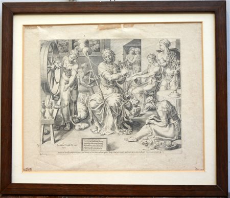Bosch Cornelius Incisione raffigurante tessitura allegorica della lana (cm...