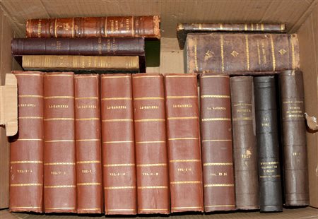 (Libri) Lotto di cinque cartoni contenenti numerosi volumi d'argomento...