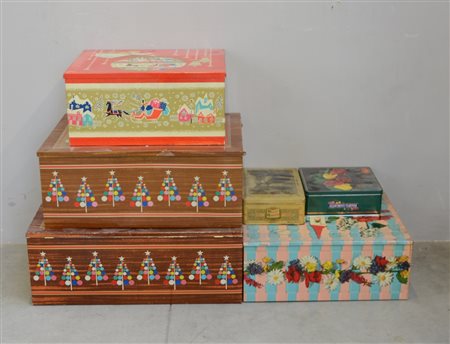 Lotto di sei scatole in latta serigrafata, misure differenti (difetti)