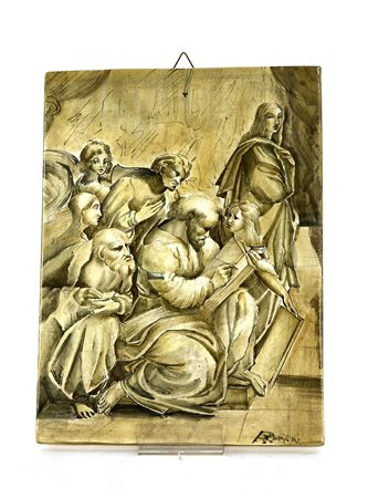 Manifattura di Deruta. Placca in terracotta decorata in monocromia (cm 30x23)...