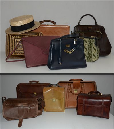 Lotto di due cartoni contenenti alcune borse da viaggio e da lavoro, borsette...