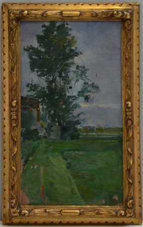 Firma indecifrata "Paesaggio" olio su tela applicata a cartoncino (cm...