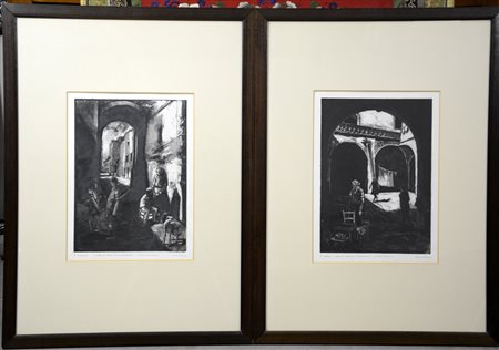 Troiano, coppia di acqueforti raffiguranti paesaggi, firmate e titolate (cm...