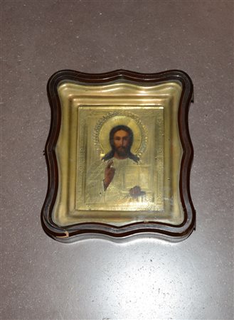 Arte russa inizio sec. XX "Cristo benedicente" icona con rizza in metallo...