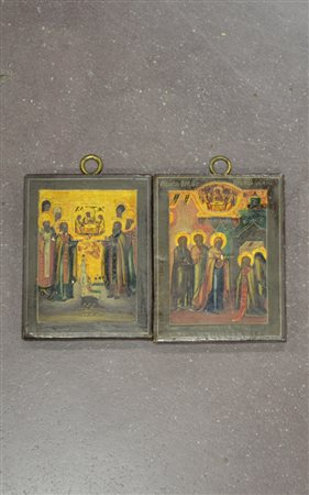 Arte russa sec. XIX. Coppia di piccole icone ad olio su tavola raffiguranti...