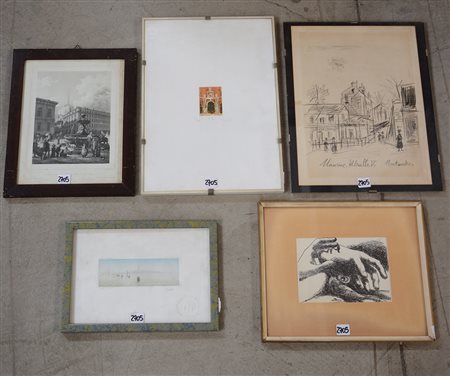 Lotto composto da cinque fra litografie e incisioni di diverse epoche, in...