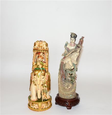 Lotto di due sculture in avorio raffiguranti una composizione con elefanti e...