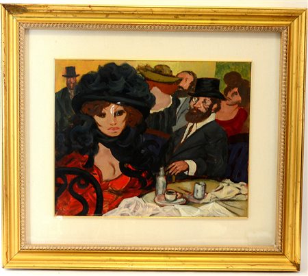 Liberatore "Persone al bar", olio su tela applicata su compensato (cm 40x50)...