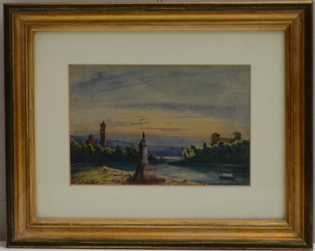 Scuola del secolo XIX "Paesaggio lacustre" acquerello su carta (cm 15x22,5)...