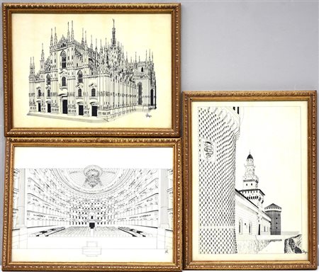 Riccardo Stoppa Lotto di tre disegni a china su carta raffiguranti edifici...