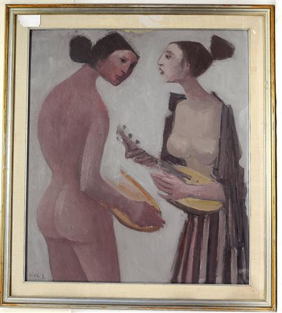 Firma indecifrata, "Donne con strumenti musicali", olio su masonite (cm...