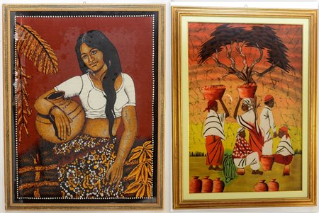 Lotto di due stampe su tessuto a soggetto etnico (cm 76x51 e 80x60), in cornici
