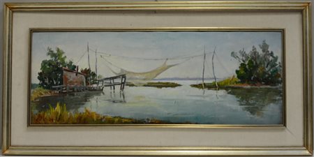 Giuseppe Castrovilli "Capanno a Marina di Ravenna" olio su tela (cm 30x80)...